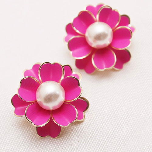 Red Wedding Party Sweet Pearl Pretty Flowers Stud Earrings Accessories